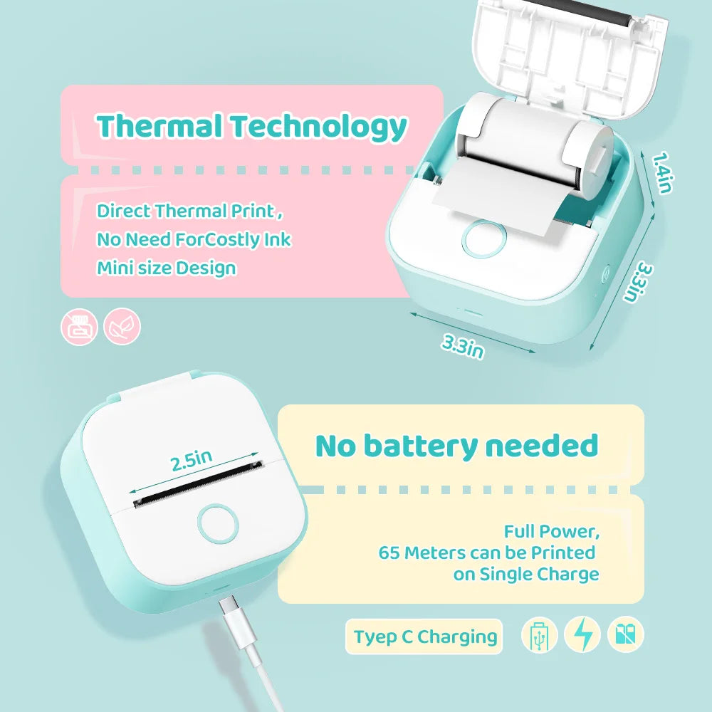 T02 Mini Thermal Printer Wireless Mini Pocket Printer, Adhesive Sticker Printer for DIY, Journal, Student Birthday Gift